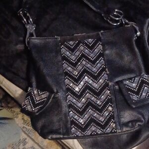 Source Unknown Black and Silver Chevron Shoulder Bag
